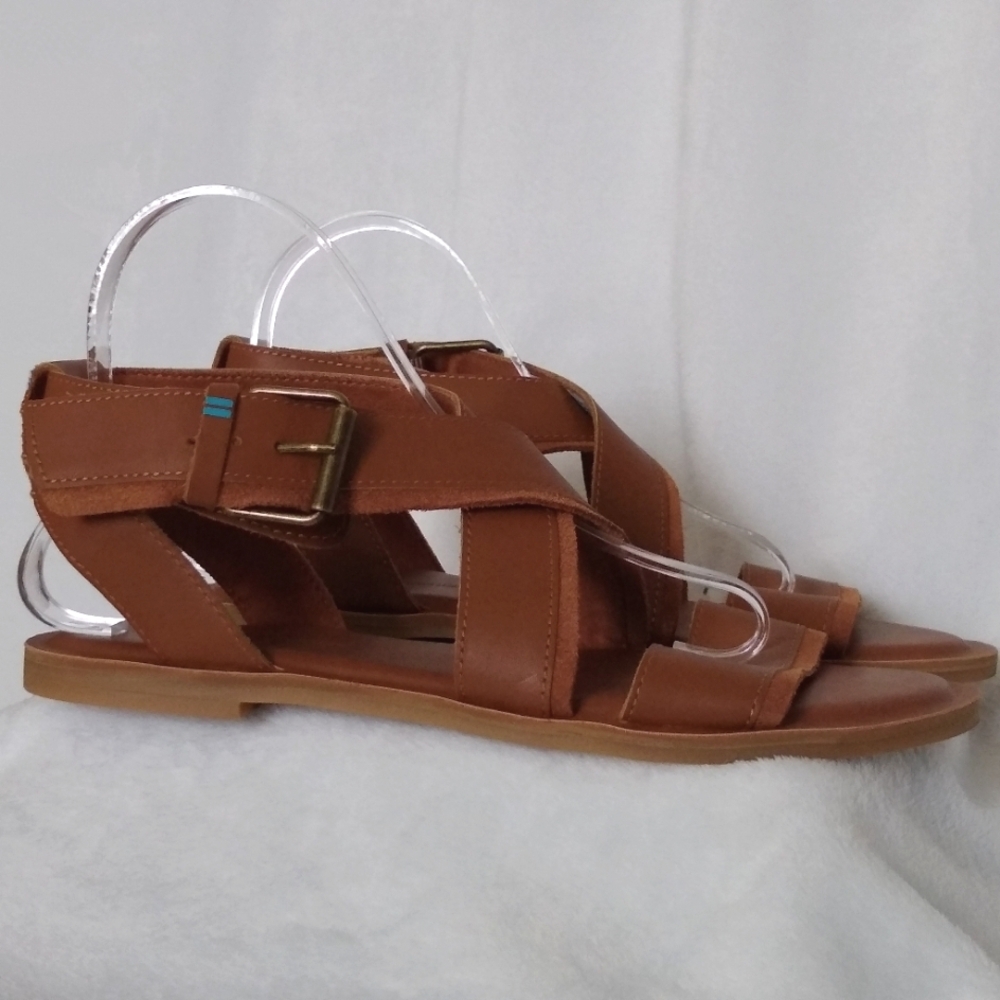 Toms Tan Leather Sandals Minimalist Flat Design Women's Sz 8 - Picture 11 of 11